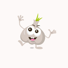 Illustration of cute happy garlic mascot with big smile isolated on light background. Flat design style for your mascot branding.