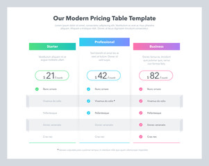 Modern pricing comparison table with three subscription plans and place for description. Flat infographic design template for website or presentation.	