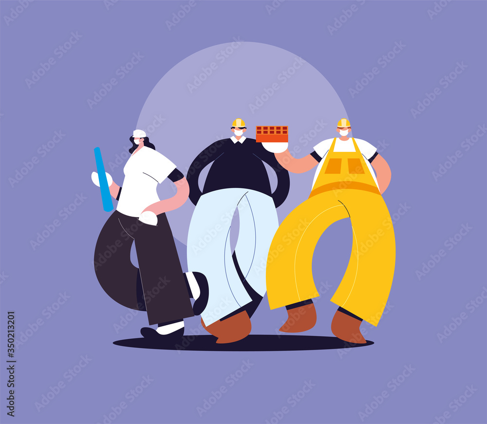 Poster group of technicians and engineers with face mask