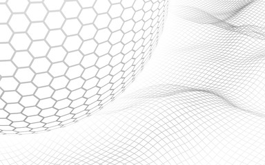 Abstract landscape on a white background with white honeycomb sphere. Cyberspace grid. hi tech network. 3d illustration