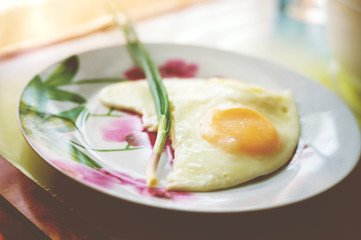 Fried scrambled eggs with green onions on a plate close-up