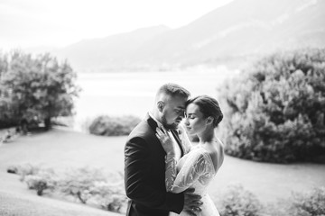 Happy wedding couple in Como Lake, Italy