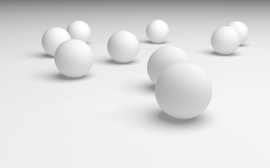 White abstract background. Set of white balls isolated on white backdrop. 3D illustration