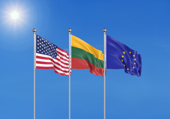 Three realistic flags of European Union, USA (United States of America) and Lithuania. 3d illustration.