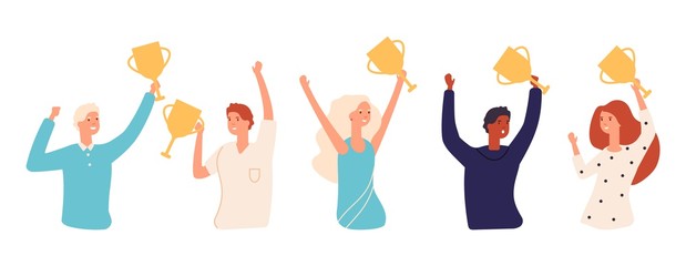 Winners with cups. Golden awards, people holding gold cup. Successful business team, woman man vector set. Illustration golden winner, celebration reward