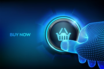 Buy now button. Add To Cart. Web store buy online E-Commerce concept. Closeup finger about to press a button with a shopping cart icon. Vector illustration.