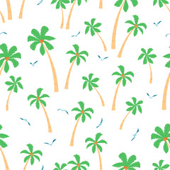 Fototapeta na wymiar Summer seamless pattern with palm trees and seagulls on white background in cartoon style. Cute texture for kids room design, Wallpaper, textiles, wrapping paper, apparel. Vector illustration
