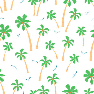 Summer seamless pattern with palm trees and seagulls on white background in cartoon style. Cute texture for kids room design, Wallpaper, textiles, wrapping paper, apparel. Vector illustration