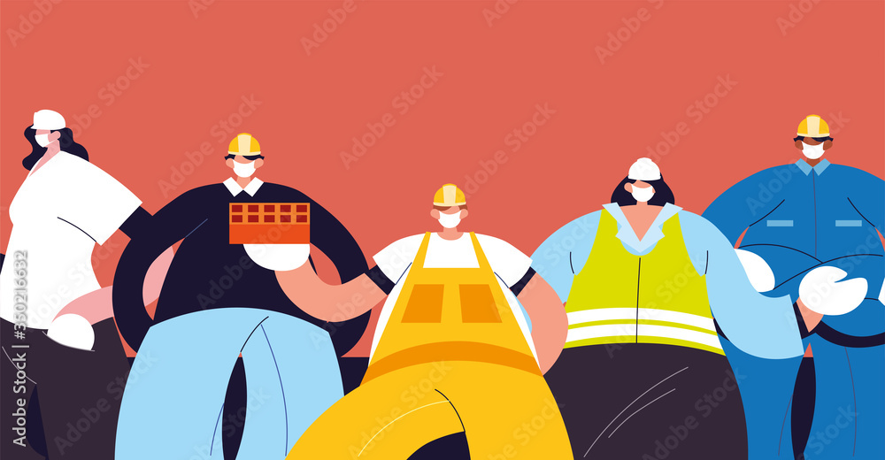 Poster group of technicians and engineers with face mask