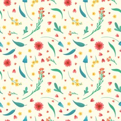 Flowers blossoms and leaves flat vector retro seamless pattern. Abstract wildflowers on dark blue background. Floral decorative backdrop. Blooming meadow plants. Textile, fabric, wallpaper design.