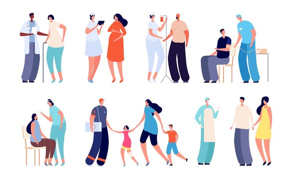 Doctor visiting. Patient in hospital, ill people get treatment. Medical office, flat health care. Man woman on check up vector illustration. Doctor and patient, man pediatric, practitioner specialist