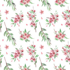 Watercolor seamless pattern with blooming cherry brunches, flowers and leaves