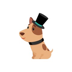 Dog in elegant top hat flat vector illustration. Cute puppy in old fashioned costume cartoon character. Funny terrier sitting isolated on white background. Domestic animal in black cap and collar