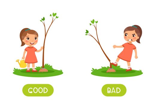 Kids flash card with opposites vector template. Word card for english learning with little girl. Antonyms concept good and bad. Child planting and breaking tree flat illustration with typography