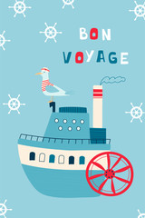 Children's sea poster with steamer and Seagull captain and handwritten lettering Bon voyage. Cute concept for kids print. Illustration for the design postcard, textiles, apparel. Vector
