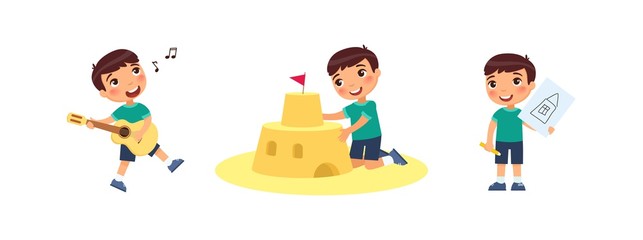 Little cute boy builds a sandcastle, drawings, plays the guitar and sings. Creativity concept. Сhild is having fun and relaxing. Cartoon characters, set of flat vector illustrations
