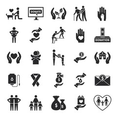 Charity icons. Volunteer helping, world social communities symbols. Donation service or child support, fundraiser foundations vector set. Illustration charity and volunteer, humanitarian support