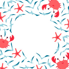 Fototapeta na wymiar Illustration of a sea with crab, starfish, seagull . Children's frame with space for text on a white background. Vector