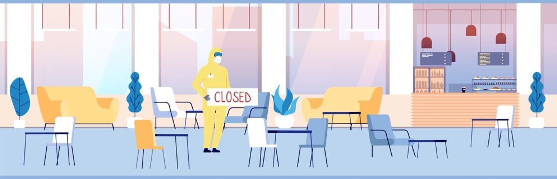 Closed restaurant. Cafe interior, empty food court or coffee bar. Epidemic or pandemic, man protective suit public place vector illustration. Closed restaurant and cafe, illustration quarantine cafe
