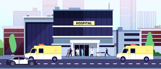 Doctors at work. Hospital building, paramedics and emergency cars. Nurses help ill people. Ambulance police auto, medical vector illustration. Building hospital emergency help, doctor and ambulance