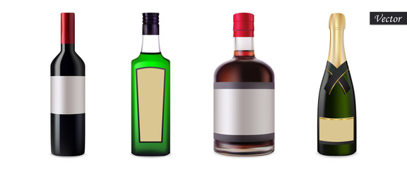 Set alcoholic drinks in bottles isolated on a white background. Red wine, absinthe, rum, champagne. Realistic beverage collection. Macro icons. Vector illustration 3D. Design elements.
