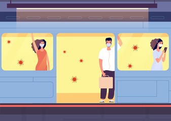People in protective masks. Individual protection, transport and public place. Coronavirus quarantine, world epidemic or pandemic. Man woman in train or subway take distance vector illustration