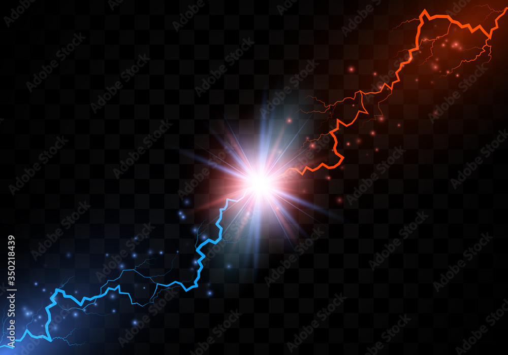 Poster lightning collision. red and blue electric lightning collision. versus abstract background with thun
