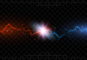 Red and blue electric lightning collision. Versus abstract background with thunderbolt. Vector