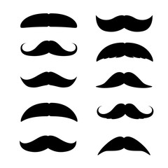 Set of Mustaches. Black silhouette of adult man moustaches. Vector illustration isolated on white