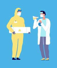 Epidemiologist and scientist. Virus research, chemical laboratory flat characters. Man in protective suit doctor white lab coat vector illustration. Scientist research chemical, science medical test