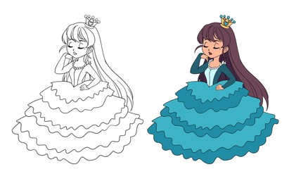 Beautiful little princess wearing long ball dress. Big cartoon eyes and head. © TomatoLaccoon