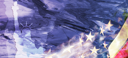 American National Holiday. US Flags with American stars, stripes and national colors. Statue of Liberty. President's Day. 4th July. Veterans Day. Memorial Day. Watercolors.