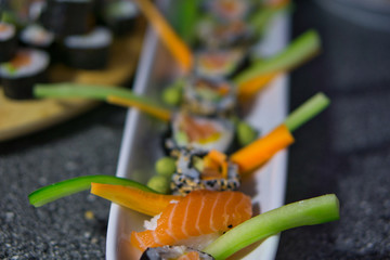 Close-up of freshly prepared homemade collection of Sushi variety during a cooking class.