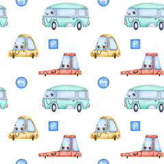 Cute cartoon cars and traffic signs seamless pattern