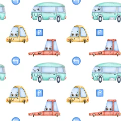 Tapeten Autos Nahtloses Muster der netten Karikaturautos und der Verkehrszeichen