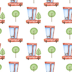 Cute cartoon car seamless pattern. Red pickup truck and trees seamless pattern.