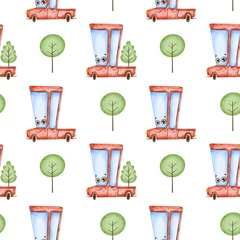 Tapeten Autos Nahtloses Muster des netten Karikaturautos. Roter Kleintransporter und nahtloses Muster der Bäume.