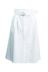 White cotton skirt made of thick fabric of medium length with a belt isolated on a white background. Women's clothing for everyday wear.