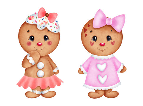 Cute cartoon christmas gingerbread girls set on a white background