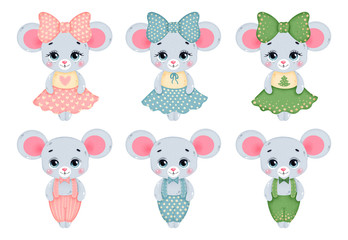 Cute cartoon christmas party mice boys and girls set on a white background