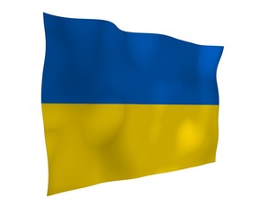 The flag of Ukraine on a white background. National flag and state ensign. Blue and yellow bicolour. 3D illustration waving flag