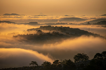 Obraz premium Mountains in fog at beautiful morning in autumn in Dalat city, Vietnam. Landscape with Langbiang mountain valley, low clouds, forest, colorful sky , city illumination at dusk.