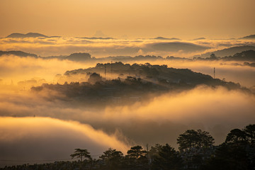 Obraz premium Mountains in fog at beautiful morning in autumn in Dalat city, Vietnam. Landscape with Langbiang mountain valley, low clouds, forest, colorful sky , city illumination at dusk.