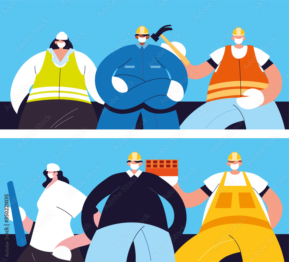 Poster group of technicians and engineers with face mask