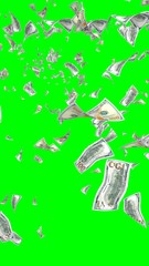 Flying dollars banknotes isolated on chromakey. Money is flying in the air. 100 US banknotes new sample. Vertical orientation. 3D illustration