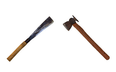 old rusty knife and axe isolate on white background.