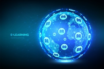 E-learning. Innovative online education technology concept. Earth globe illustration. Abstract polygonal planet. Webinar, teaching, online training courses. Skill development. Vector illustration.