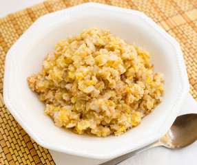 breakfast from plate with various cereal porridge for breakfast