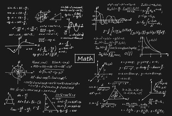 Vintage education and scientific background. Set from math law theory, formulas and equations on blackboard. Vector hand-drawn mathematical illustration.