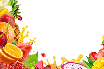 Variety of fruits berries, tropical fruits assortment 3D border. Assorted fresh fruits berries frame banner, multi vitamin complex isolated, white background. Healthy juice smoothie layout design mix